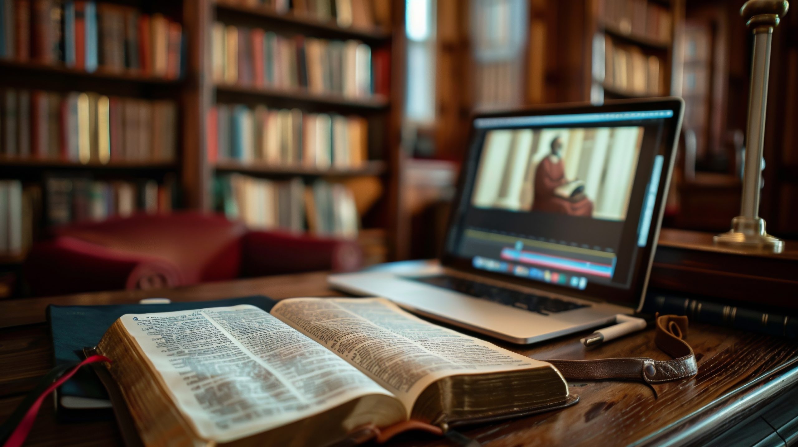 Religious programming viewed on laptop with bible opened in foreground via internet connection provided by Kinetic Business